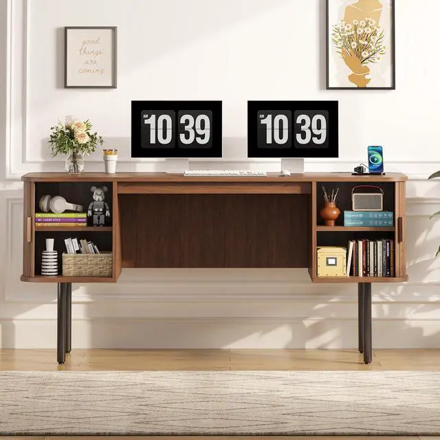 Alt view image 6 of 6 - 63 Inch Fluted Computer Desk with Charging Station, Mid Century Executive Desk with 2 Storage Cabinets, Modern Home Office Large Desk with Metal Legs for Working, Studying, Writing, Walnut