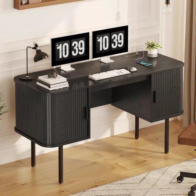 Alt view image 2 of 6 - 55 Inch Fluted Computer Desk with Charging Station, Mid Century Executive Desk with 2 Storage Cabinets, Modern Home Office Large Desk with Metal Legs for Working, Studying, Writing, Black