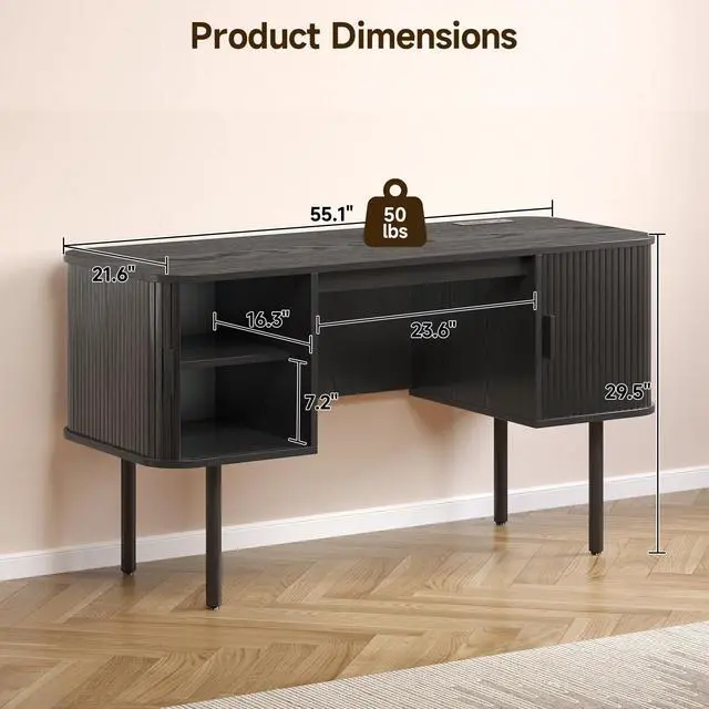 Alt view image 3 of 6 - 55 Inch Fluted Computer Desk with Charging Station, Mid Century Executive Desk with 2 Storage Cabinets, Modern Home Office Large Desk with Metal Legs for Working, Studying, Writing, Black
