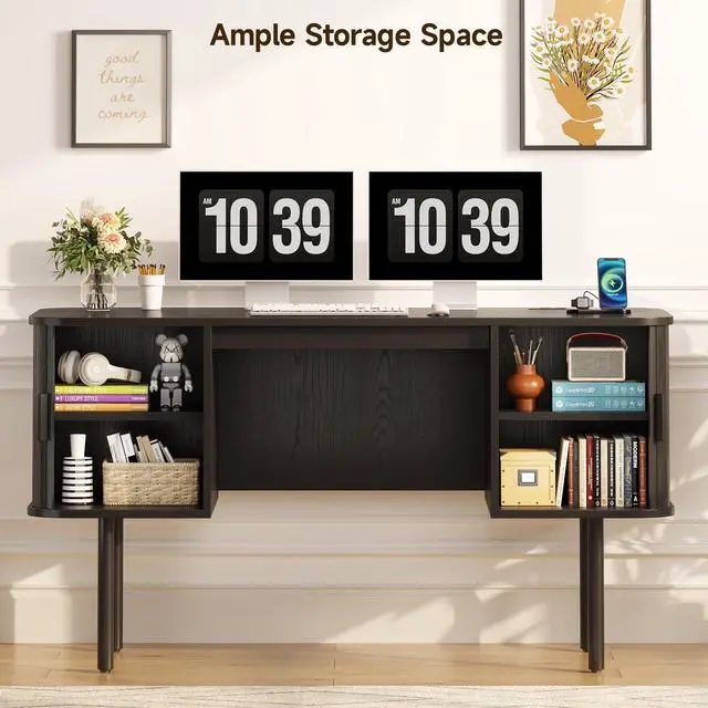 Alt view image 5 of 6 - 55 Inch Fluted Computer Desk with Charging Station, Mid Century Executive Desk with 2 Storage Cabinets, Modern Home Office Large Desk with Metal Legs for Working, Studying, Writing, Black