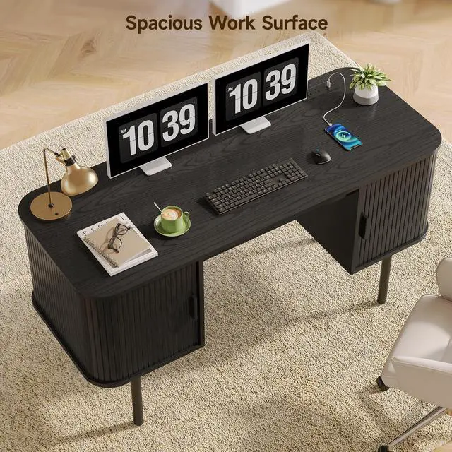 Alt view image 6 of 6 - 55 Inch Fluted Computer Desk with Charging Station, Mid Century Executive Desk with 2 Storage Cabinets, Modern Home Office Large Desk with Metal Legs for Working, Studying, Writing, Black