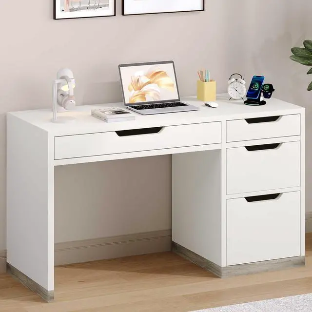 Main image of White Desk with 4 Drawers, 52 Inch Modern Computer Desk with Storage for Bedroom, Home Office Writing Desk for Small Spaces, Minimalist White Writing Desk