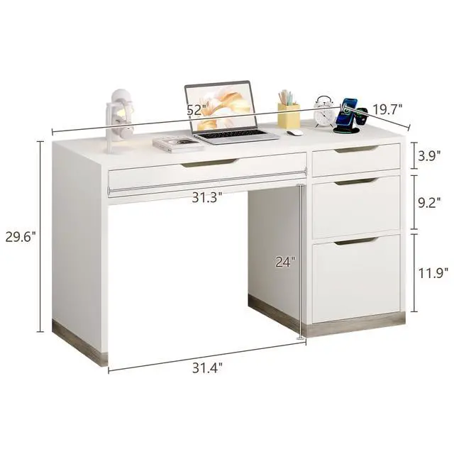 Alt view image 2 of 6 - White Desk with 4 Drawers, 52 Inch Modern Computer Desk with Storage for Bedroom, Home Office Writing Desk for Small Spaces, Minimalist White Writing Desk
