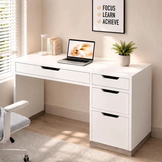 Alt view image 3 of 6 - White Desk with 4 Drawers, 52 Inch Modern Computer Desk with Storage for Bedroom, Home Office Writing Desk for Small Spaces, Minimalist White Writing Desk