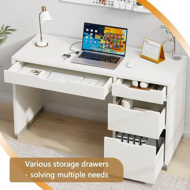 Alt view image 4 of 6 - White Desk with 4 Drawers, 52 Inch Modern Computer Desk with Storage for Bedroom, Home Office Writing Desk for Small Spaces, Minimalist White Writing Desk