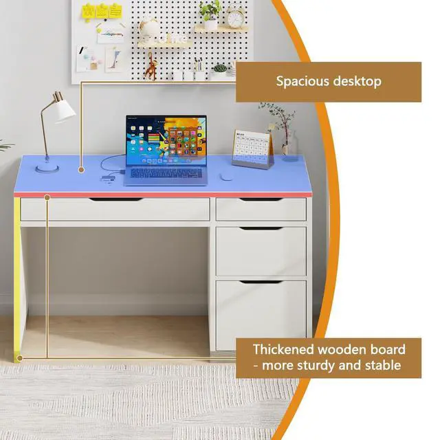 Alt view image 5 of 6 - White Desk with 4 Drawers, 52 Inch Modern Computer Desk with Storage for Bedroom, Home Office Writing Desk for Small Spaces, Minimalist White Writing Desk