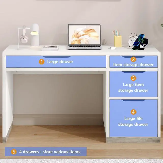 Alt view image 6 of 6 - White Desk with 4 Drawers, 52 Inch Modern Computer Desk with Storage for Bedroom, Home Office Writing Desk for Small Spaces, Minimalist White Writing Desk