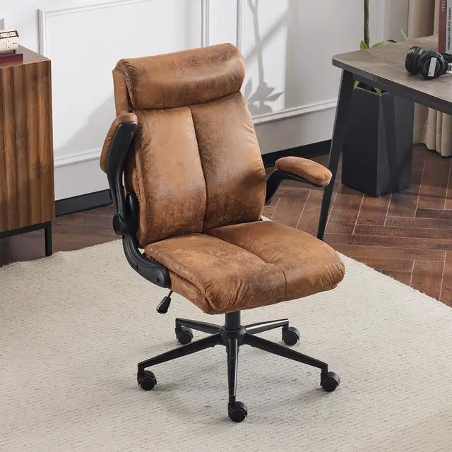 Main image of Microfiber Brown Rolling Ergonomic Office Desk Chair with Padded Flip-up Arms, 360°Swivel High Back Executive Computer Chair with Wheels for Game,Home Small Space, Study Room, Reading Room