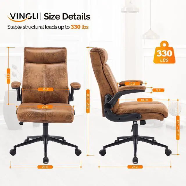 Alt view image 2 of 6 - Microfiber Brown Rolling Ergonomic Office Desk Chair with Padded Flip-up Arms, 360°Swivel High Back Executive Computer Chair with Wheels for Game,Home Small Space, Study Room, Reading Room
