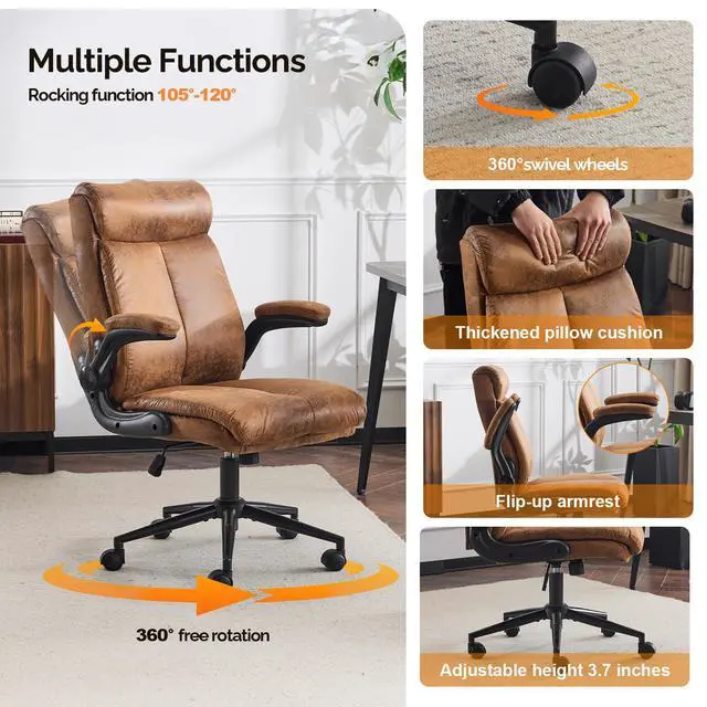 Alt view image 4 of 6 - Microfiber Brown Rolling Ergonomic Office Desk Chair with Padded Flip-up Arms, 360°Swivel High Back Executive Computer Chair with Wheels for Game,Home Small Space, Study Room, Reading Room