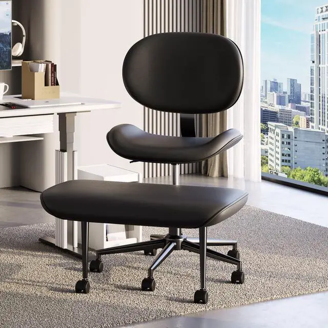 Main image of Cross-Legged Office Chair with Footrest, PU Leather Armless Desk Chair, Wide Padded Seat for Cross Leg Sitting, Adjustable Height & Swivel, Modern Home Office Chair, Black