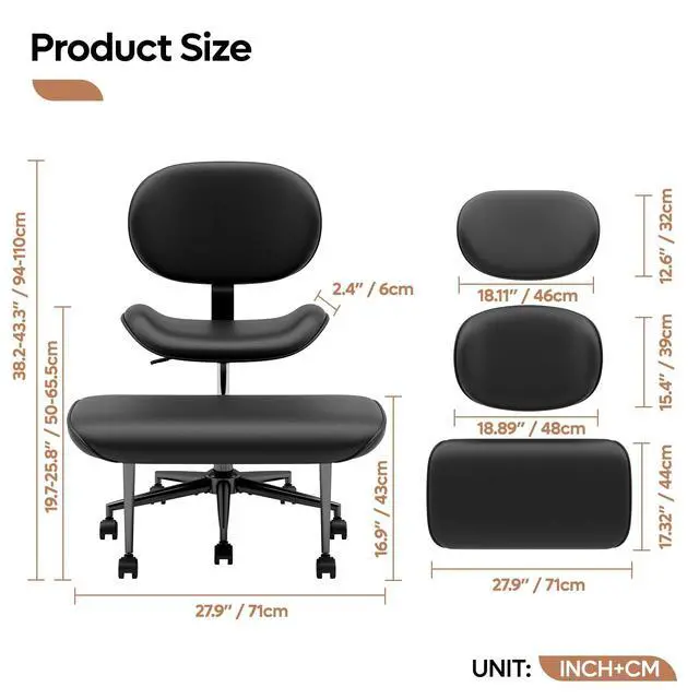 Alt view image 2 of 6 - Cross-Legged Office Chair with Footrest, PU Leather Armless Desk Chair, Wide Padded Seat for Cross Leg Sitting, Adjustable Height & Swivel, Modern Home Office Chair, Black