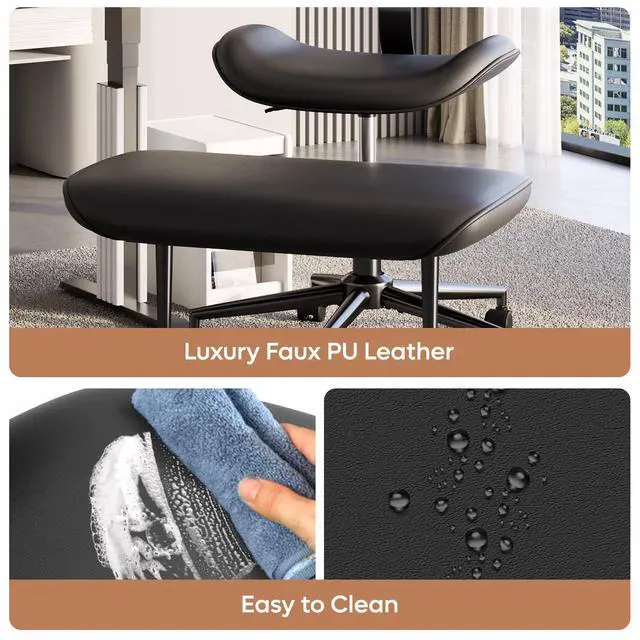 Alt view image 3 of 6 - Cross-Legged Office Chair with Footrest, PU Leather Armless Desk Chair, Wide Padded Seat for Cross Leg Sitting, Adjustable Height & Swivel, Modern Home Office Chair, Black