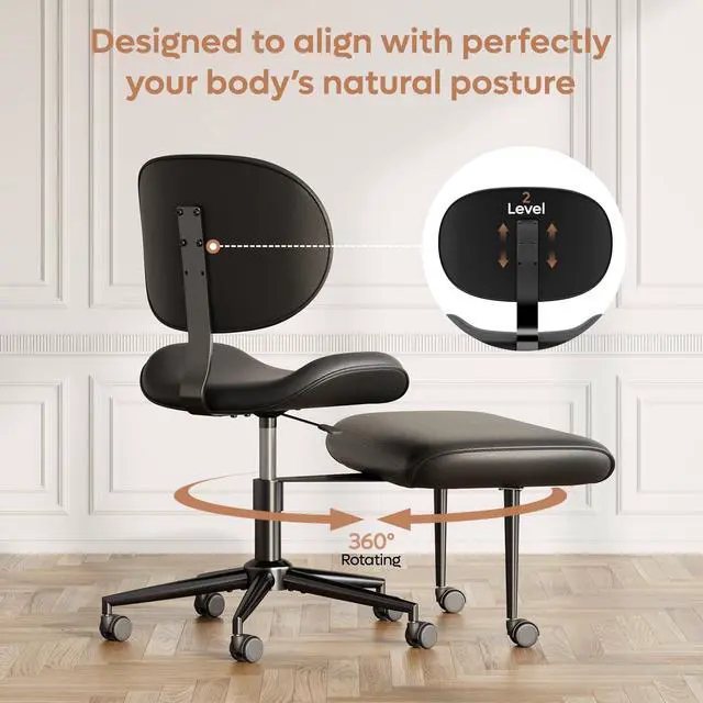Alt view image 5 of 6 - Cross-Legged Office Chair with Footrest, PU Leather Armless Desk Chair, Wide Padded Seat for Cross Leg Sitting, Adjustable Height & Swivel, Modern Home Office Chair, Black