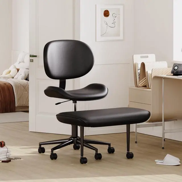 Alt view image 6 of 6 - Cross-Legged Office Chair with Footrest, PU Leather Armless Desk Chair, Wide Padded Seat for Cross Leg Sitting, Adjustable Height & Swivel, Modern Home Office Chair, Black