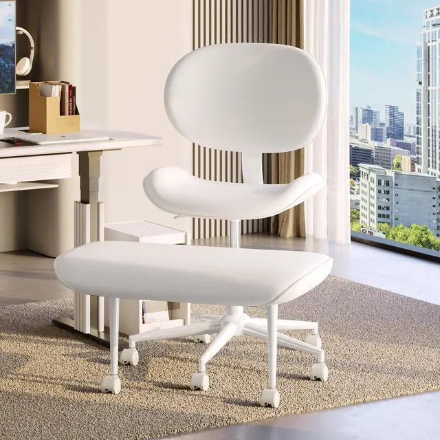 Main image of Cross-Legged Meditation Chair, ADHD Friendly Armless Office Chair with Footrest, PU Leather Wide Seat Desk Chair for Focus, Calm Sitting & Home Office, Off White