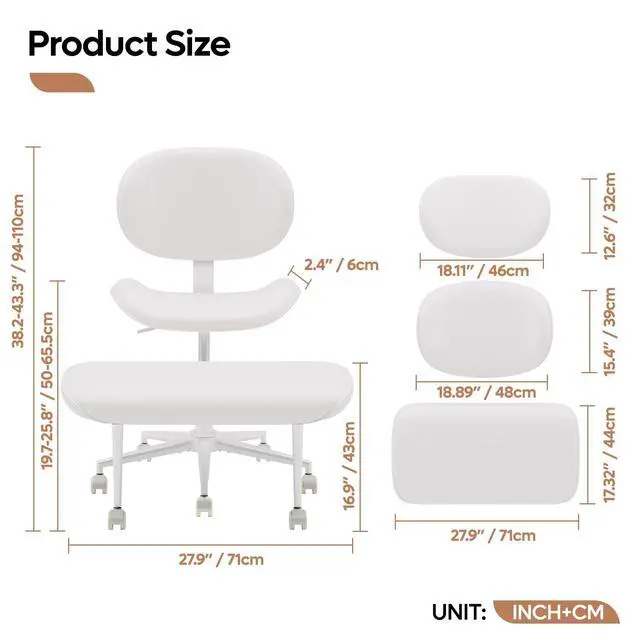 Alt view image 2 of 6 - Cross-Legged Meditation Chair, ADHD Friendly Armless Office Chair with Footrest, PU Leather Wide Seat Desk Chair for Focus, Calm Sitting & Home Office, Off White