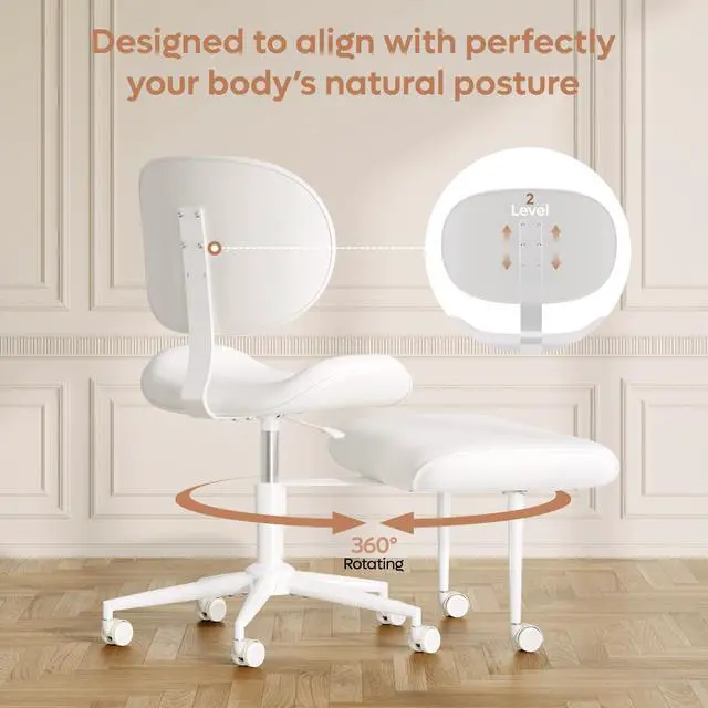 Alt view image 5 of 6 - Cross-Legged Meditation Chair, ADHD Friendly Armless Office Chair with Footrest, PU Leather Wide Seat Desk Chair for Focus, Calm Sitting & Home Office, Off White