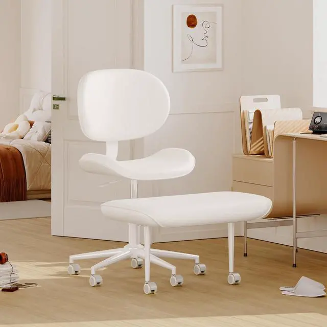 Alt view image 6 of 6 - Cross-Legged Meditation Chair, ADHD Friendly Armless Office Chair with Footrest, PU Leather Wide Seat Desk Chair for Focus, Calm Sitting & Home Office, Off White