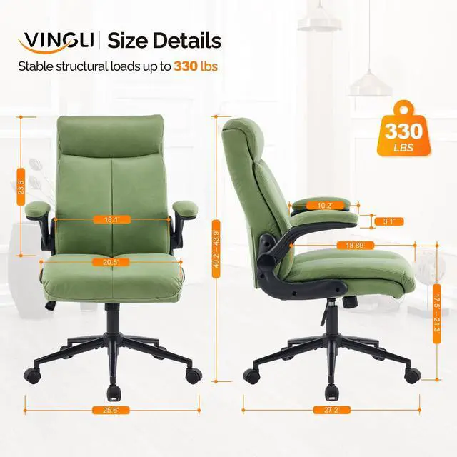 Alt view image 2 of 6 - Rolling Ergonomic Office Desk Chair with Padded Flip-up Arms, 360° Swivel High Back Executive Computer Task Chair with Wheels for Game,Home Small Space, Study Room, Reading Room,Pu Green