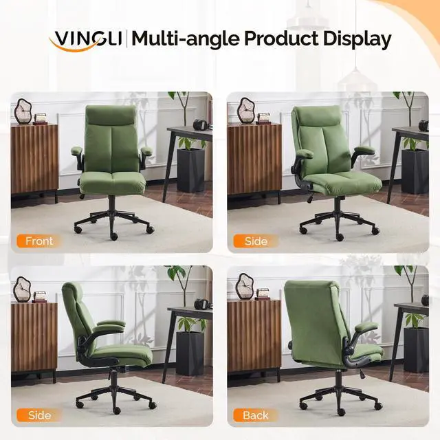 Alt view image 3 of 6 - Rolling Ergonomic Office Desk Chair with Padded Flip-up Arms, 360° Swivel High Back Executive Computer Task Chair with Wheels for Game,Home Small Space, Study Room, Reading Room,Pu Green