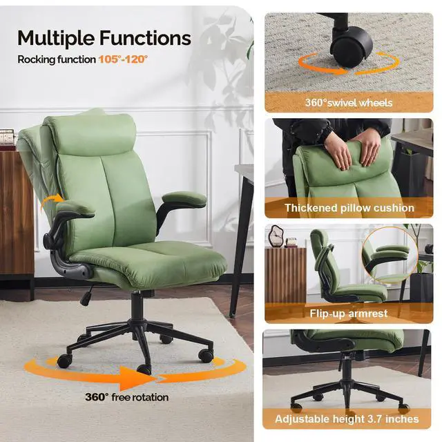 Alt view image 4 of 6 - Rolling Ergonomic Office Desk Chair with Padded Flip-up Arms, 360° Swivel High Back Executive Computer Task Chair with Wheels for Game,Home Small Space, Study Room, Reading Room,Pu Green