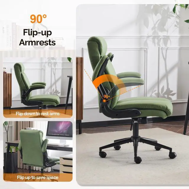 Alt view image 5 of 6 - Rolling Ergonomic Office Desk Chair with Padded Flip-up Arms, 360° Swivel High Back Executive Computer Task Chair with Wheels for Game,Home Small Space, Study Room, Reading Room,Pu Green