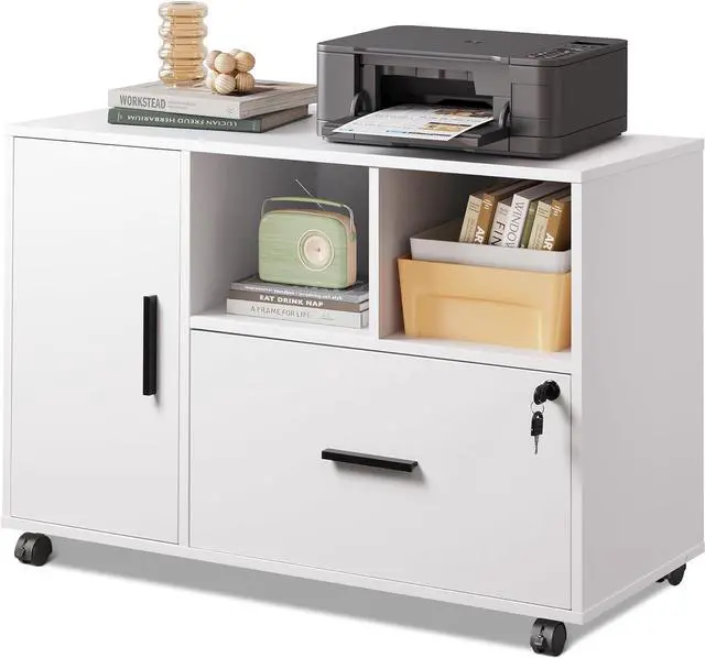 Main image of Office File Cabinet with Lock, 1-Drawer Wood Lateral Filing Cabinet on Wheels, Printer Stand with Open Storage Shelves for Home Office, White