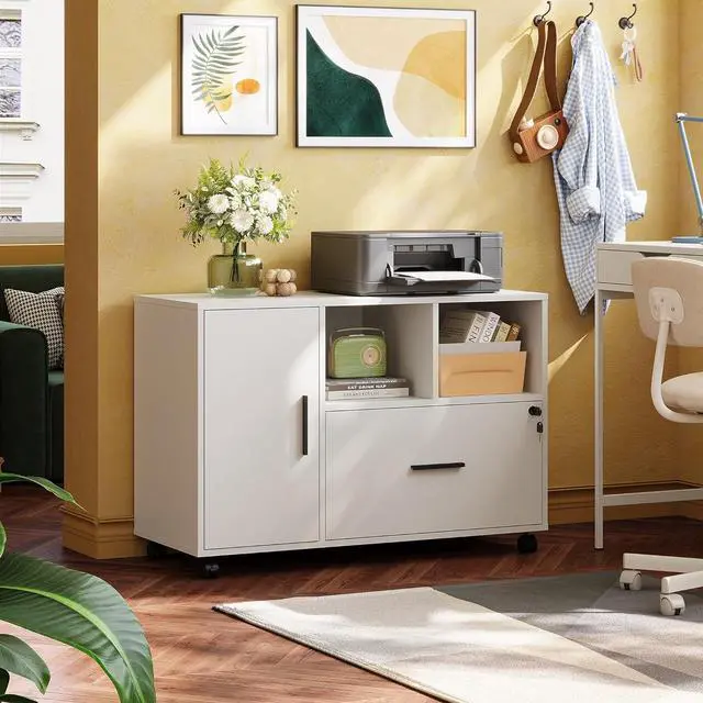 Alt view image 2 of 6 - Office File Cabinet with Lock, 1-Drawer Wood Lateral Filing Cabinet on Wheels, Printer Stand with Open Storage Shelves for Home Office, White