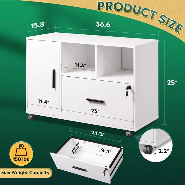 Alt view image 3 of 6 - Office File Cabinet with Lock, 1-Drawer Wood Lateral Filing Cabinet on Wheels, Printer Stand with Open Storage Shelves for Home Office, White