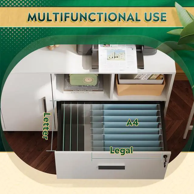 Alt view image 4 of 6 - Office File Cabinet with Lock, 1-Drawer Wood Lateral Filing Cabinet on Wheels, Printer Stand with Open Storage Shelves for Home Office, White