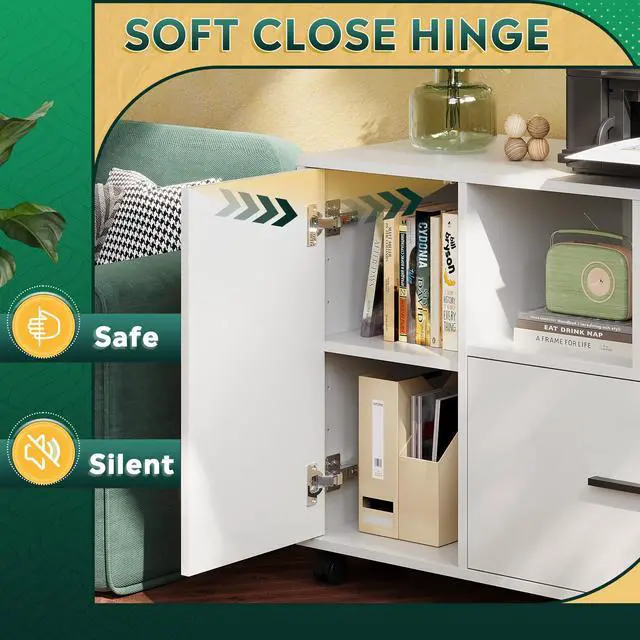 Alt view image 5 of 6 - Office File Cabinet with Lock, 1-Drawer Wood Lateral Filing Cabinet on Wheels, Printer Stand with Open Storage Shelves for Home Office, White