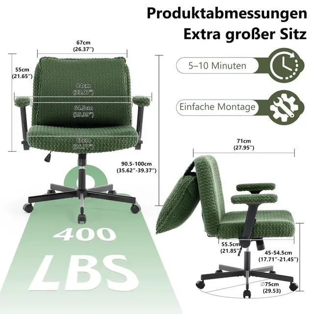 Alt view image 2 of 6 - Criss Cross Chair, Cross Legged Office Chair with Wheels, 27" Wide Seat Office Desk Chair with Flipable Back Cushion, Mid Back Swivel Chair for Home Office,Bedroom Vanity (Green)