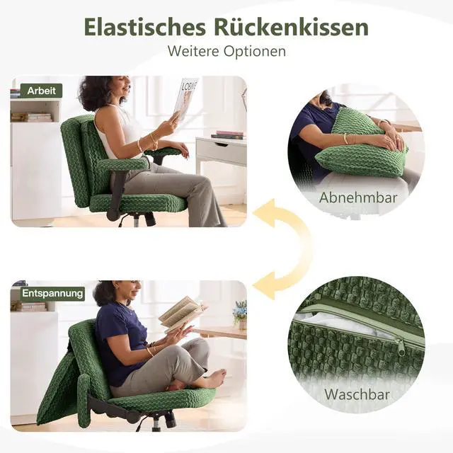 Alt view image 3 of 6 - Criss Cross Chair, Cross Legged Office Chair with Wheels, 27" Wide Seat Office Desk Chair with Flipable Back Cushion, Mid Back Swivel Chair for Home Office,Bedroom Vanity (Green)
