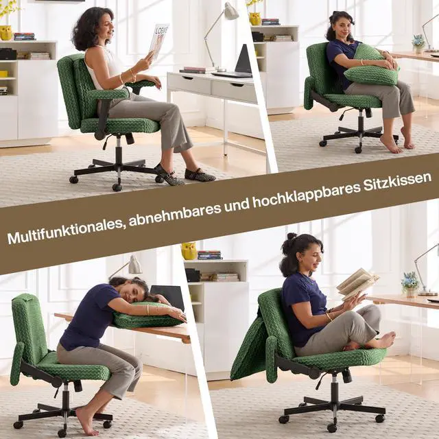 Alt view image 4 of 6 - Criss Cross Chair, Cross Legged Office Chair with Wheels, 27" Wide Seat Office Desk Chair with Flipable Back Cushion, Mid Back Swivel Chair for Home Office,Bedroom Vanity (Green)