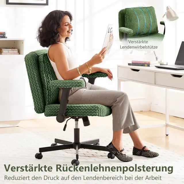 Alt view image 6 of 6 - Criss Cross Chair, Cross Legged Office Chair with Wheels, 27" Wide Seat Office Desk Chair with Flipable Back Cushion, Mid Back Swivel Chair for Home Office,Bedroom Vanity (Green)