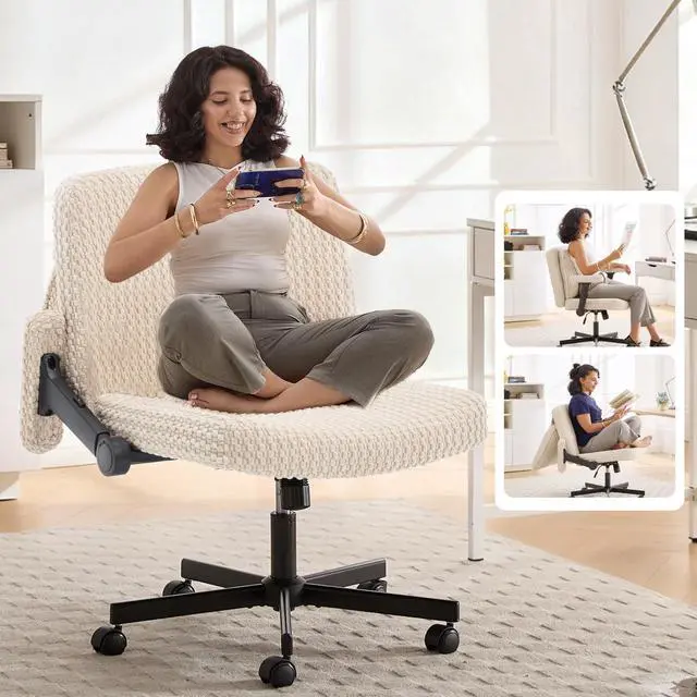 Main image of Criss Cross Chair,Cross Legged Chair with Wheels and Arms,27" Extra Wide Seat Office Desk Chair with Flipable Back Cushion,Mid Back Beige Swivel Chair for Home Office,Bedroom Vanity(Beige)