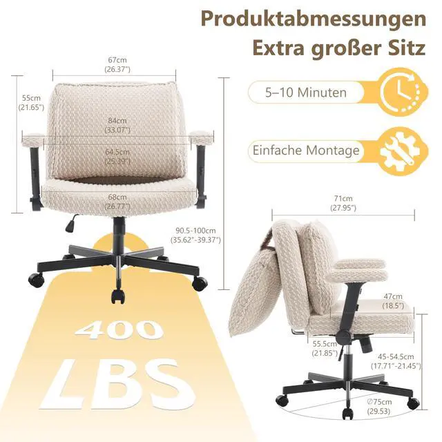 Alt view image 2 of 6 - Criss Cross Chair,Cross Legged Chair with Wheels and Arms,27" Extra Wide Seat Office Desk Chair with Flipable Back Cushion,Mid Back Beige Swivel Chair for Home Office,Bedroom Vanity(Beige)