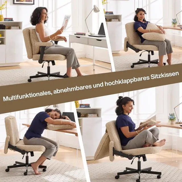 Alt view image 4 of 6 - Criss Cross Chair,Cross Legged Chair with Wheels and Arms,27" Extra Wide Seat Office Desk Chair with Flipable Back Cushion,Mid Back Beige Swivel Chair for Home Office,Bedroom Vanity(Beige)