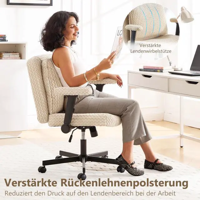 Alt view image 6 of 6 - Criss Cross Chair,Cross Legged Chair with Wheels and Arms,27" Extra Wide Seat Office Desk Chair with Flipable Back Cushion,Mid Back Beige Swivel Chair for Home Office,Bedroom Vanity(Beige)