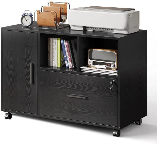 Main image of Office File Cabinet with Lock, 1-Drawer Wood Lateral Filing Cabinet on Wheels, Printer Stand with Open Storage Shelves for Home Office, Black
