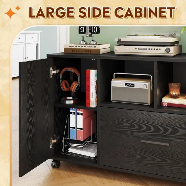Alt view image 2 of 6 - Office File Cabinet with Lock, 1-Drawer Wood Lateral Filing Cabinet on Wheels, Printer Stand with Open Storage Shelves for Home Office, Black