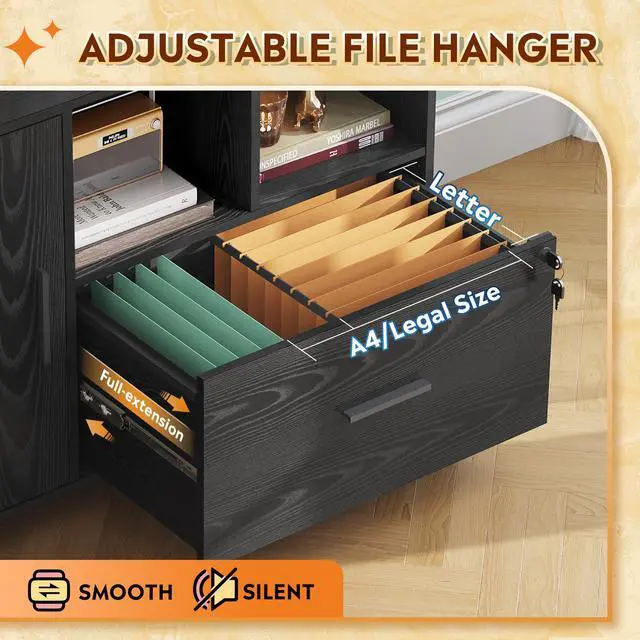 Alt view image 3 of 6 - Office File Cabinet with Lock, 1-Drawer Wood Lateral Filing Cabinet on Wheels, Printer Stand with Open Storage Shelves for Home Office, Black