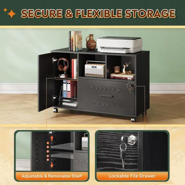 Alt view image 4 of 6 - Office File Cabinet with Lock, 1-Drawer Wood Lateral Filing Cabinet on Wheels, Printer Stand with Open Storage Shelves for Home Office, Black