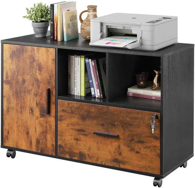 Main image of Lateral File Cabinet with Lock, 1-Drawer Rolling File Cabinets on Wheels for Home Office, Wood Printer Stand with Open Storage Shelf, Rustic Brown