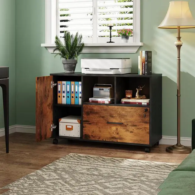 Alt view image 2 of 6 - Lateral File Cabinet with Lock, 1-Drawer Rolling File Cabinets on Wheels for Home Office, Wood Printer Stand with Open Storage Shelf, Rustic Brown