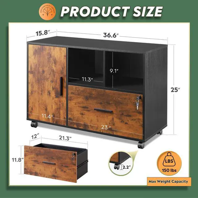 Alt view image 3 of 6 - Lateral File Cabinet with Lock, 1-Drawer Rolling File Cabinets on Wheels for Home Office, Wood Printer Stand with Open Storage Shelf, Rustic Brown