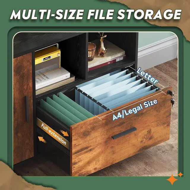 Alt view image 4 of 6 - Lateral File Cabinet with Lock, 1-Drawer Rolling File Cabinets on Wheels for Home Office, Wood Printer Stand with Open Storage Shelf, Rustic Brown
