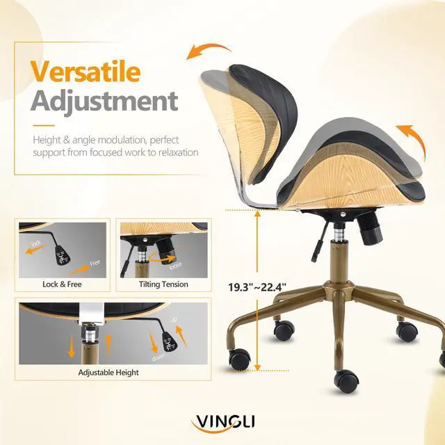 Alt view image 3 of 6 - Wide Comfotable Swivel Home Office Chair with Wood-Grain Curved Shell,Ergomomic Mid-Back Padded Armless Rolling Desk Chair with Wheels,Height Adjustable for Computer,Task,Work,PU Leather,Black