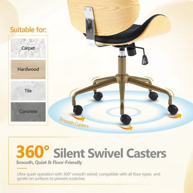 Alt view image 4 of 6 - Wide Comfotable Swivel Home Office Chair with Wood-Grain Curved Shell,Ergomomic Mid-Back Padded Armless Rolling Desk Chair with Wheels,Height Adjustable for Computer,Task,Work,PU Leather,Black
